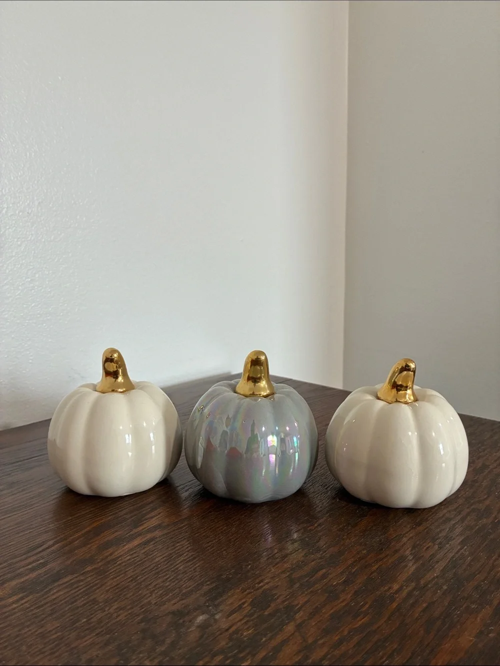 NWT- Set of 3- White & Gray Pearl Iridescent- Ceramic Pumpkins with Gold Stems